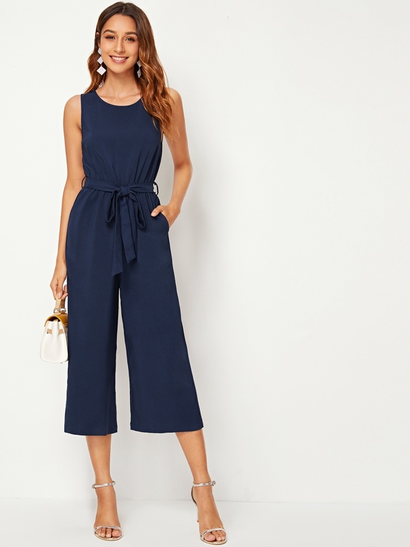 

Zipper Back Belted Palazzo Jumpsuit, Navy, Gabi B