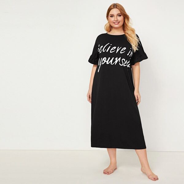 

Plus Slogan Graphic Flounce Sleeve Night Dress