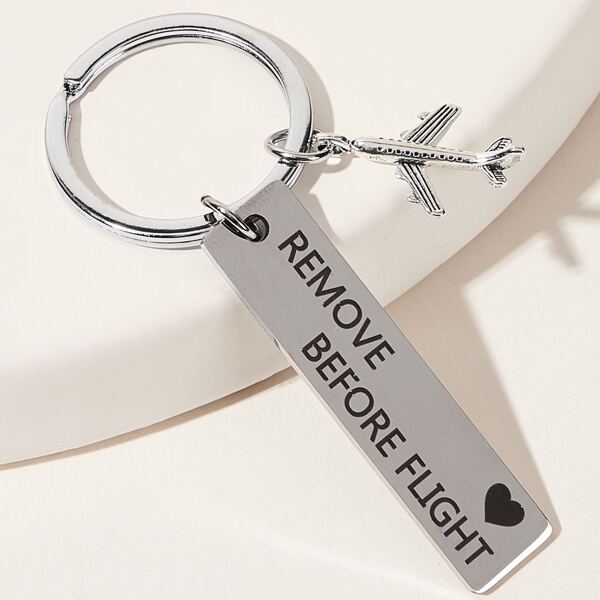 

Airplane & Letter Engraved Charm Keychain, Silver