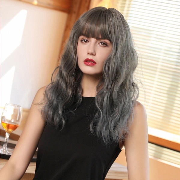 

Natural Long Curly Wig With Bangs, Grey