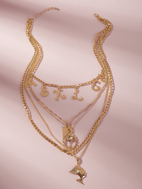 

Letter & Round Decor Layered Necklace 1pc, Gold