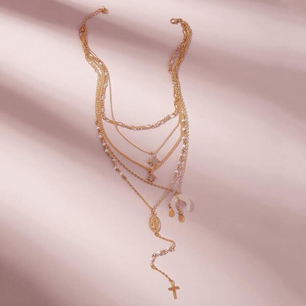 

Cross & Coin Decor Layered Lariat Necklace 1pc