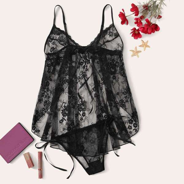 

Plus Floral Lace Asymmetrical Hem Dress With Thong, Black