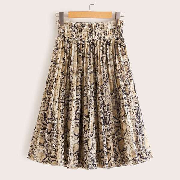 

Snakeskin Paperbag Waist Pleated Skirt, Multicolor