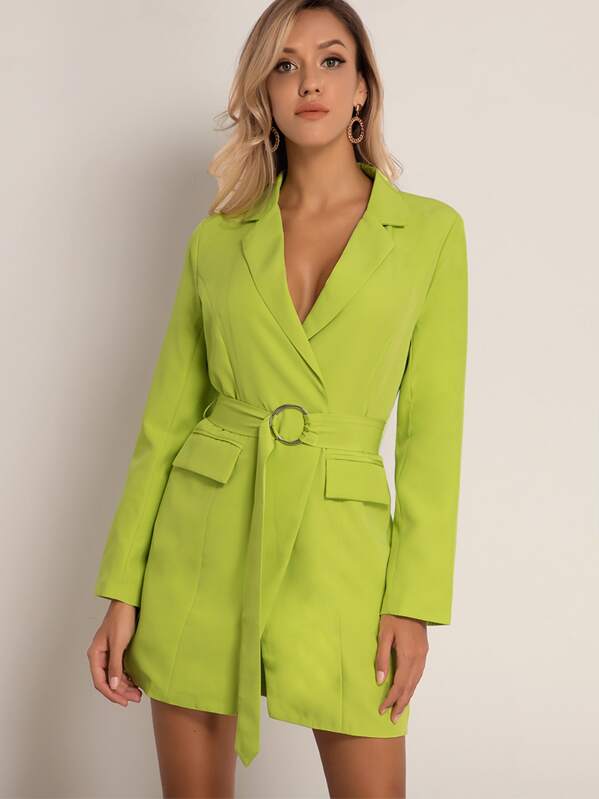 

Joyfunear Solid Flap O-ring Belted Blazer Dress, Green
