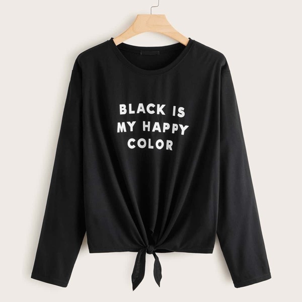 

Plus Tie Front Slogan Graphic Tee, Black