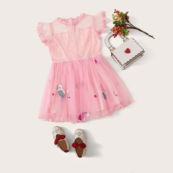 

Toddler Girls Cartoon Embroidery Mesh Panel Dress