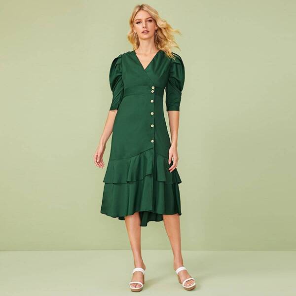 

Puff Sleeve Ruffle Hem Fitted Dress, Green