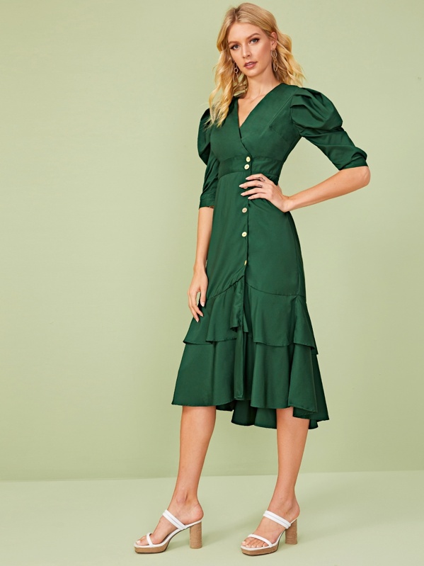 

Puff Sleeve Ruffle Hem Fitted Dress, Green