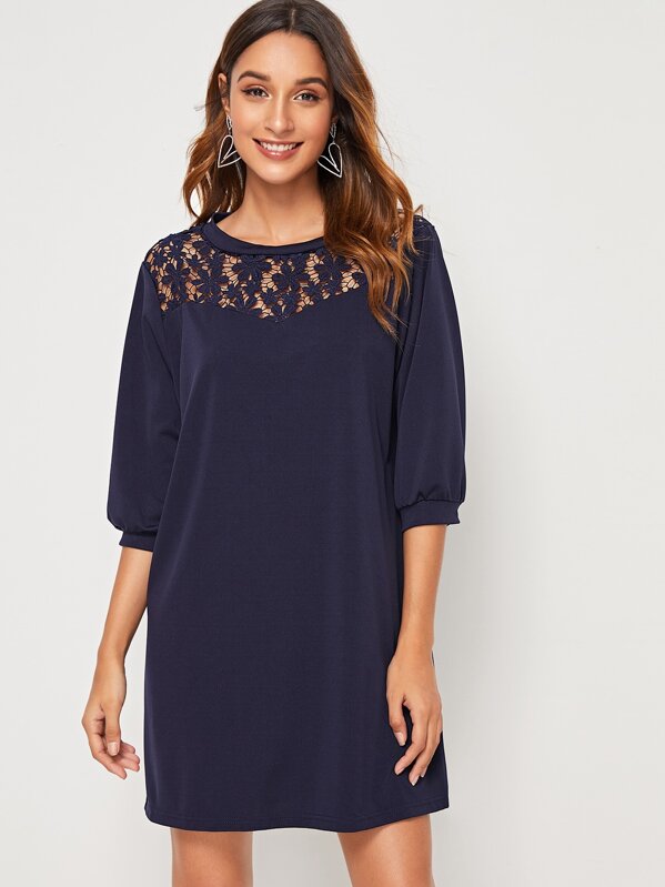 

Contrast Lace Solid Tunic Dress, Navy, Gabi B