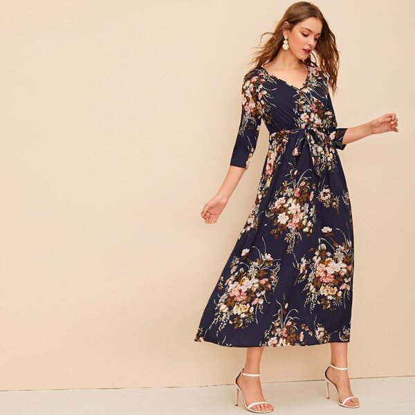 

Allover Floral Print Belted Dress