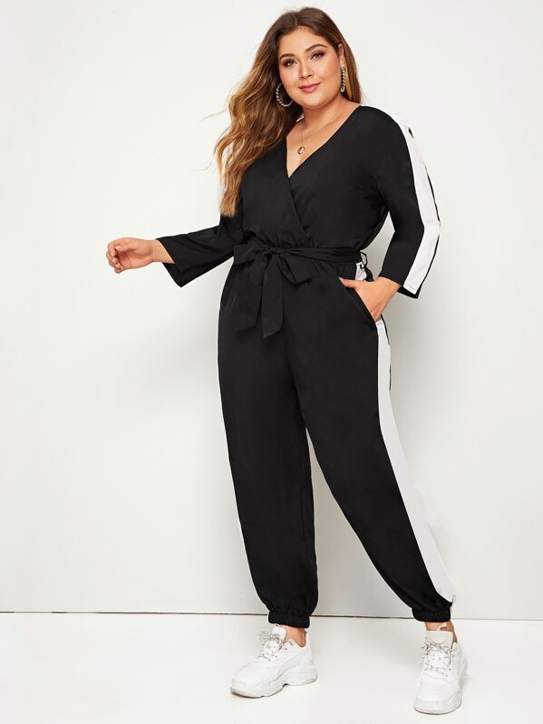 

Plus Self Tie Contrast Panel Surplice Jumpsuit, Black, Carol