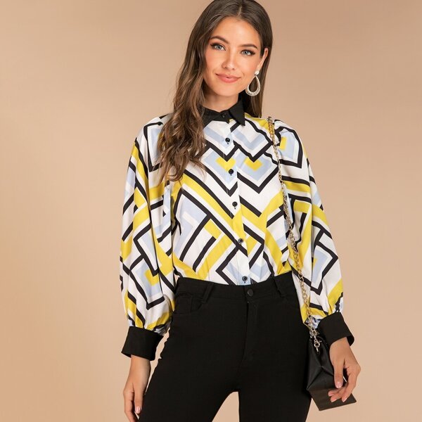 

Geometric Print Bishop Sleeve Blouse, Multicolor