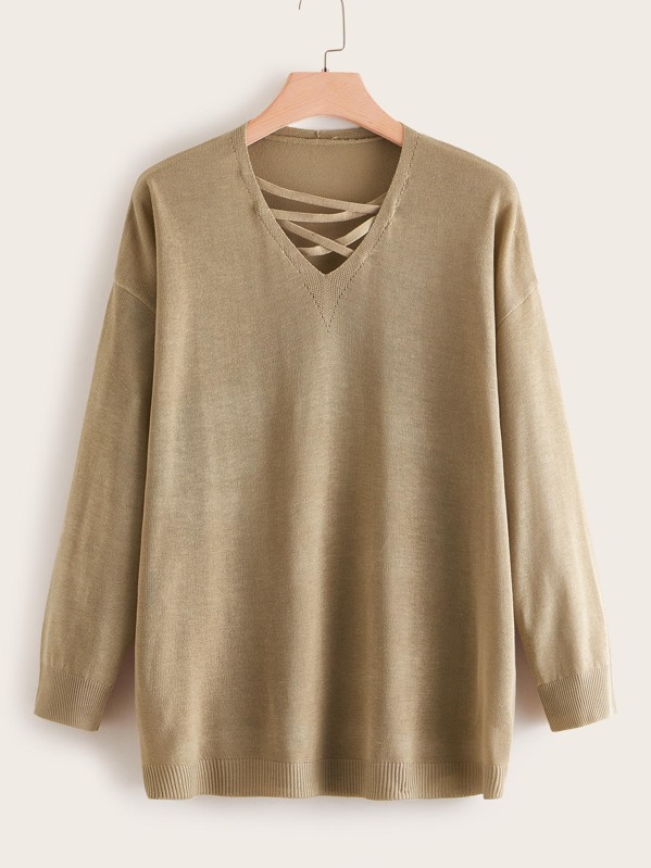 

Plus Drop Shoulder Criss-cross Jumper, Khaki