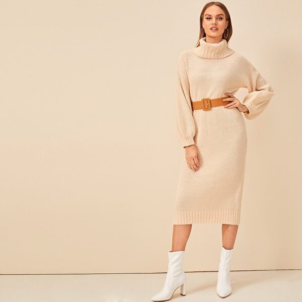 

High Neck Drop Shoulder Sweater Dress Without Belted, Beige