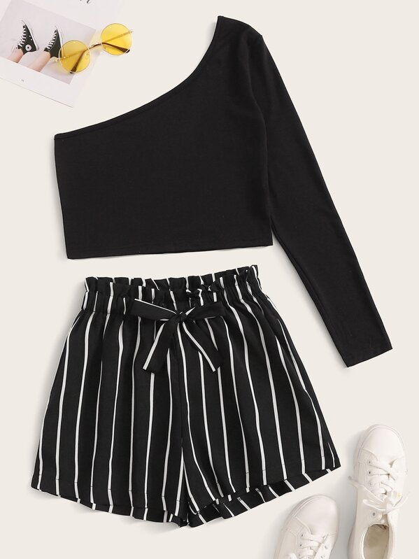 

One Shoulder Tee & Drawstring Stripe Shorts, Black