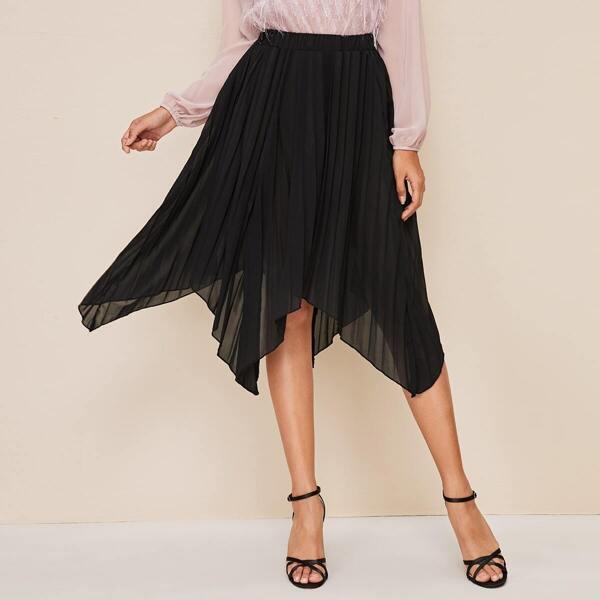 

Pleated Asymmetrical Hem Elastic Waist Skirt