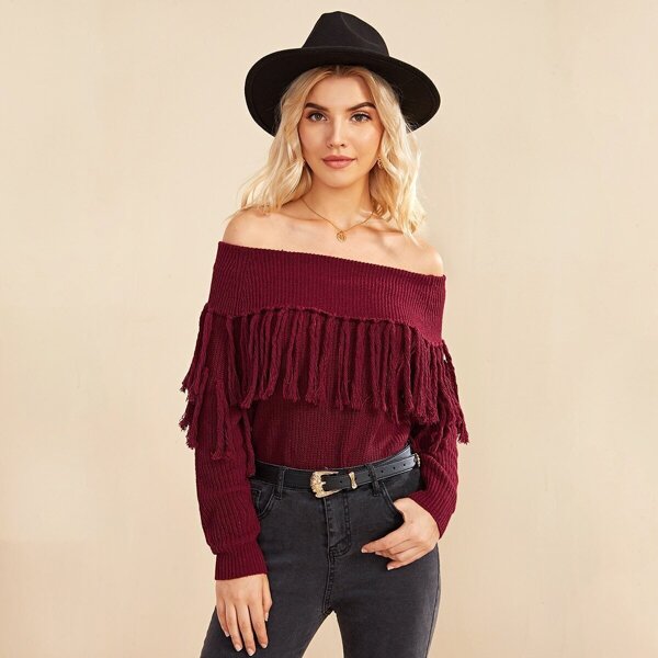 

Off The Shoulder Fringe Detail Sweater