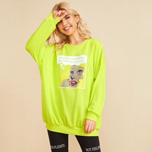 

Neon Lime Figure & Letter Print Sweatshirt, Green bright