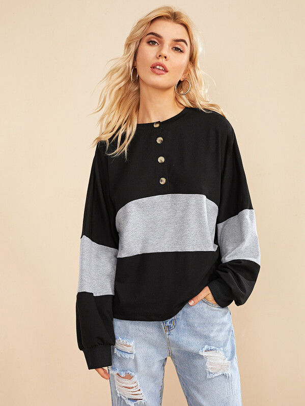 

Button Front Two Tone Space Dye Sweatshirt, Black, Tasha