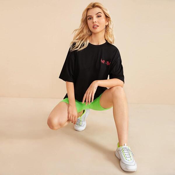 

Dragon Print Round Neck Tee, Black