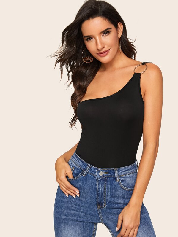 

One Shoulder O-ring Detail Skinny Top, Black, Juliana