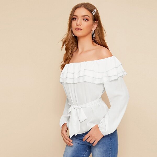 

Off The Shoulder Tiered Layer Belted Blouse