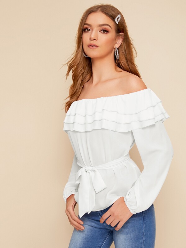 

Off The Shoulder Tiered Layer Belted Blouse, White, Luiza