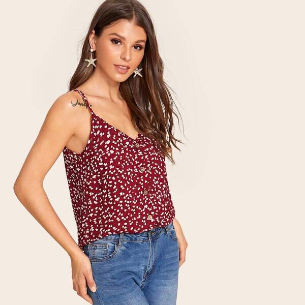 

Button Front Ditch Floral Cami Top, Red