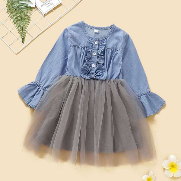

Toddler Girls Mesh Contrast Ruffle Trim Dress