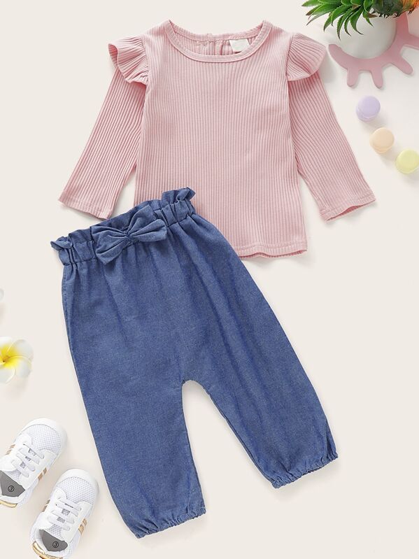 

Toddler Girls Ruffle Trim Tee & Bow Front Paperbag Pants, Multicolor