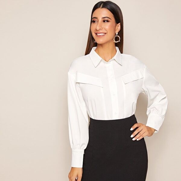 

Solid Button Through Bishop Sleeve Blouse