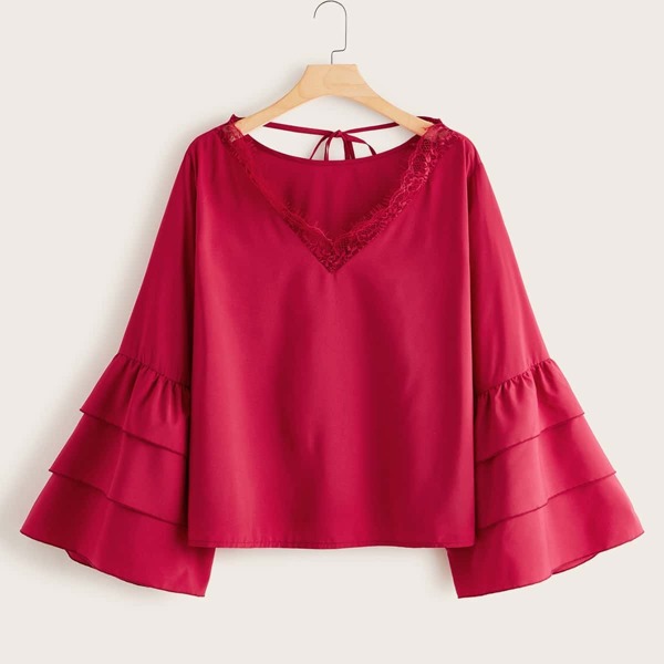 

Plus Lace Trim Layered Sleeve Blouse, Red