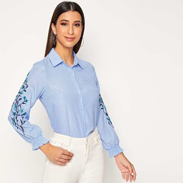 

Striped Flower Embroidered Blouse, Blue