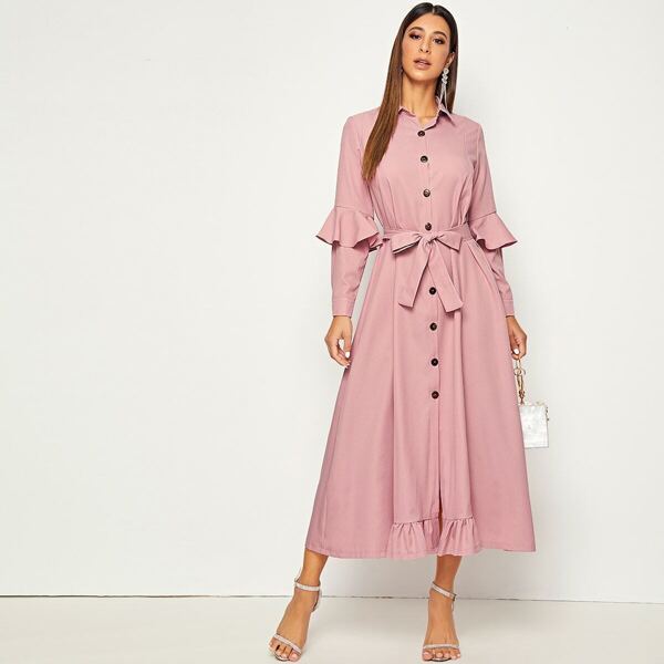 

Solid Ruffle Trim Belted Shirt Dress