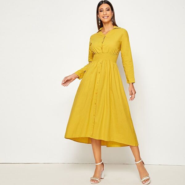 

Shirred Waist Button Front Dress, Yellow