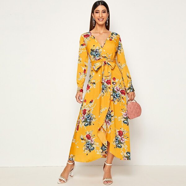 

Floral Print Belted Wrap Dress, Yellow