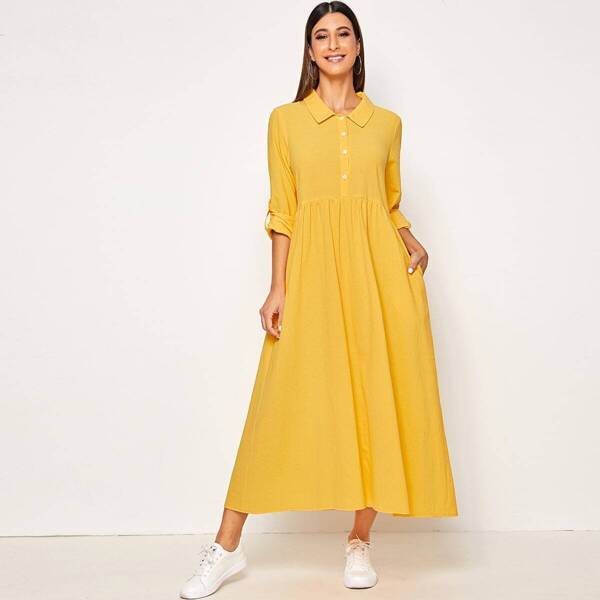 

Solid Hidden Pocket Roll Up Sleeve Dress