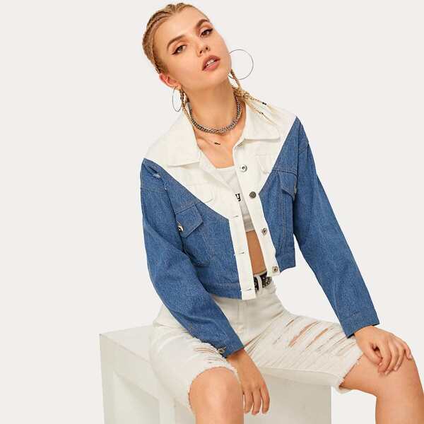 

Colorblock Dual Pocket Denim Jacket, Multicolor