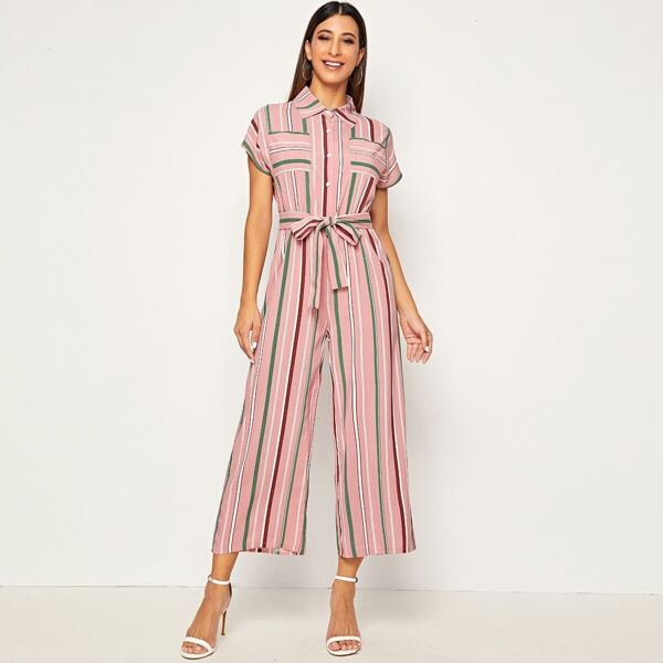 

Striped Pocket Patched Belted Jumpsuit, Pink