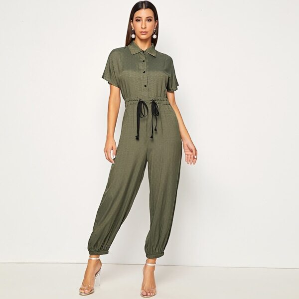 

Button Front Drawstring Waist Jumpsuit, Army green