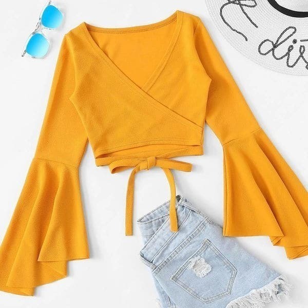 

Plus Self Tie Flounce Sleeve Crop Top, Yellow