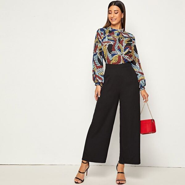 

Graphic Print Bishop Sleeve Blouse & Pants Set, Multicolor