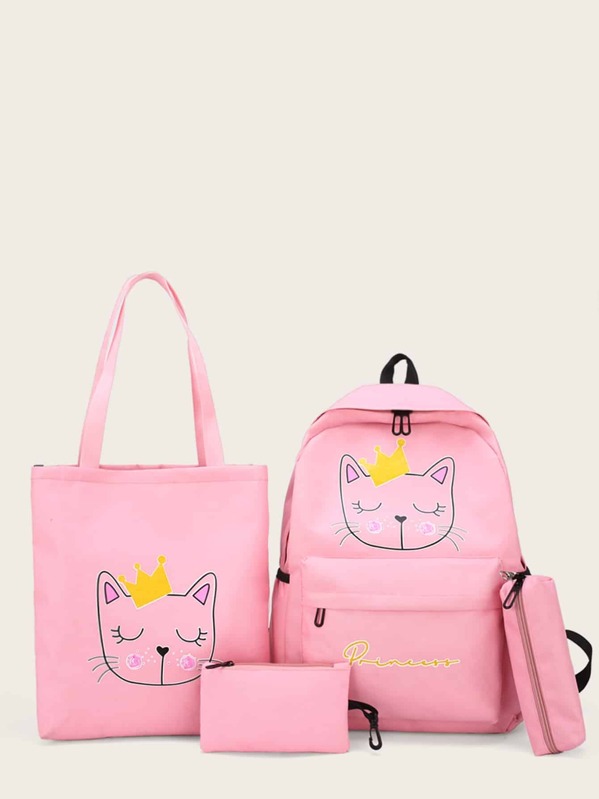

Cat Print Backpack With Pencil Case 4pcs, Pink