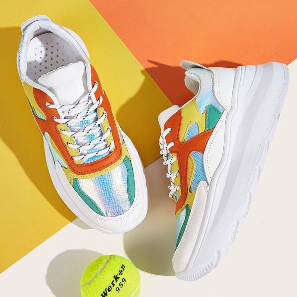 

Lace-up Front Iridescent Panel Trainers, Multicolor