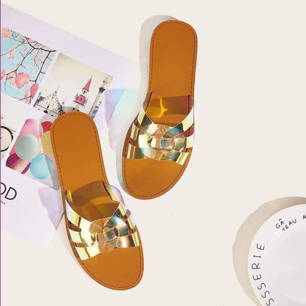 

Iridescent Strap Open Toe Sliders