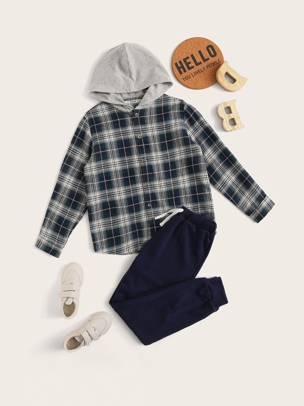 

Boys Tartan Print Hooded Shirt and Tied Sweatpants Set, Multicolor