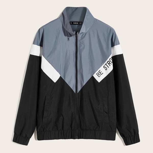 

Men Slogan Graphic Pocket Side Chevron Windbreaker Jacket, Multicolor