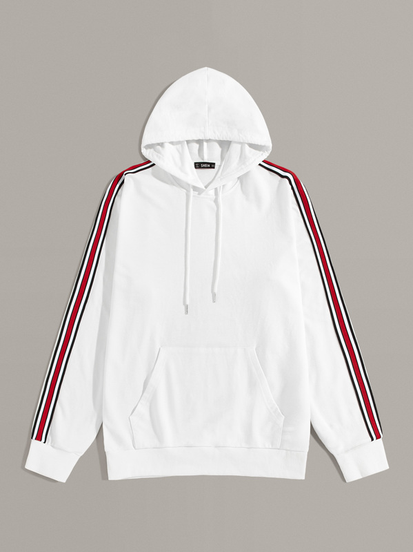 

Men Striped Tape Sleeve Pocket Front Hoodie, White