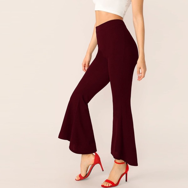 

Asymmetrical Hem Flare Leg Solid Pants, Burgundy